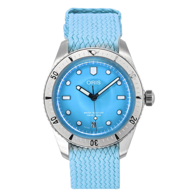 Oris Divers Sixty-Five Cotton Candy Textile Strap Blue Dial Automatic 01-733-7771-4055-07-3-19-02S 100M Unisex Watch