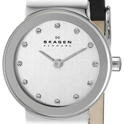 Skagen Freja Chrome Dial Swarovski Crystal Black Leather Strap 358XSSLBC Women's Watch