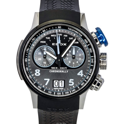 Edox Chronorally Chronograph Rubber Strap Grey Dial Quartz 38003-TINBU-GNBU 100M Men's Watch