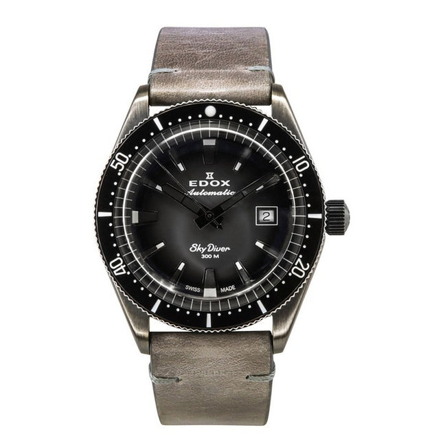 Edox Skydiver Limited Edition Leather Strap Grey Dial Automatic Diver's 80126 3VIN GDN 300M Men's Watch