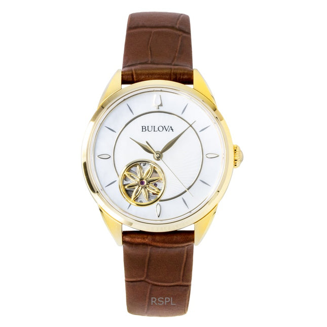 Bulova Sutton Leather Strap Open Heart Mother Of Pearl Dial Automatic 97L179 Women's Watch