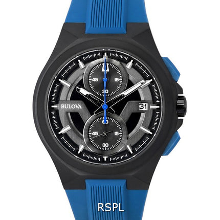 Bulova Maquina Chronograph Black Dial Blue Strap Quartz 98B380 100M Men's Watch