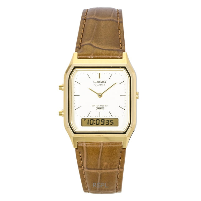Casio Vintage Analog Digital Leather Strap Gold Dial Quartz AQ-230EGL-9A Unisex Watch
