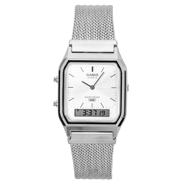 Casio Vintage Analog Digital Stainless Steel Mesh Bracelet Silver Dial Quartz AQ-230EM-7A Unisex Watch