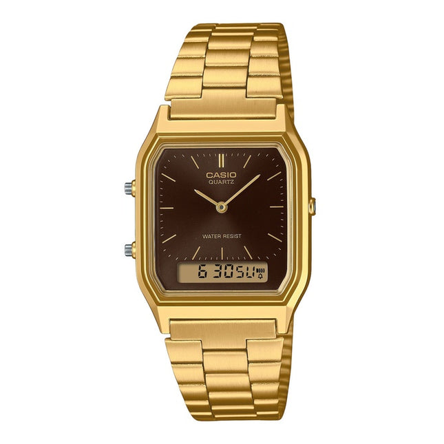 Casio Vintage Analog Digital Gold Tone Stainless Steel Brown Dial Quartz AQ-230GA-5A Unisex Watch
