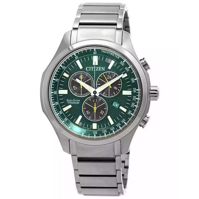 Citizen Eco-Drive Super Titanium Chronograph Green Dial AT2530-85X 100M Men's Watch