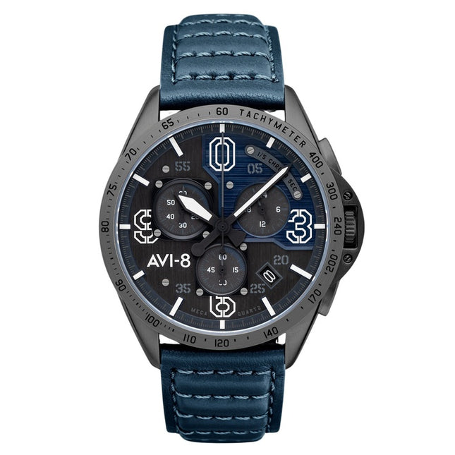 AVI-8 P-51 Mustang Blakeslee Chronograph Air Blue Leather Strap Grey And Blue Dial Quartz AV-4077-04 Men's Watch