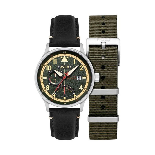 AVI-8 Hawker Hurricane Mckellar Dual Time Gothic Green Dial Quartz AV-4101-0A Mens Watch With Extra Strap