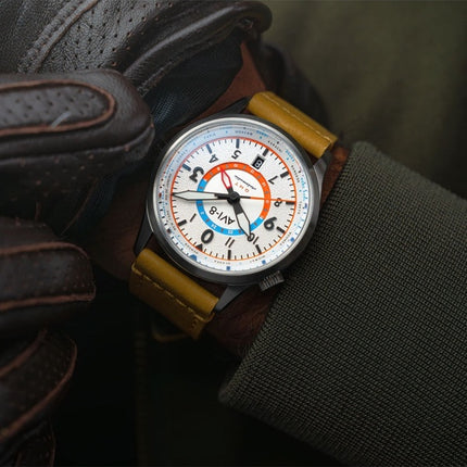 AVI-8 Flyboy Wingman Worldtimer GMT Automatic Sand Green Strap Cream Dial AV-4120-02 Men's Watch With Extra Strap