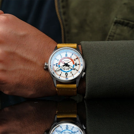 AVI-8 Flyboy Wingman Worldtimer GMT Automatic Sand Green Strap Cream Dial AV-4120-02 Men's Watch With Extra Strap