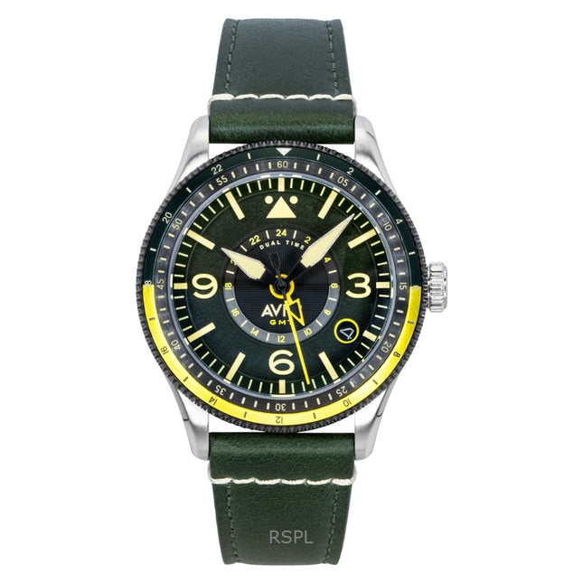AVI-8 Flyboy Airmaster GMT Fuselage Green Leather Strap Green Dial Automatic AV-4128-03 Men's Watch