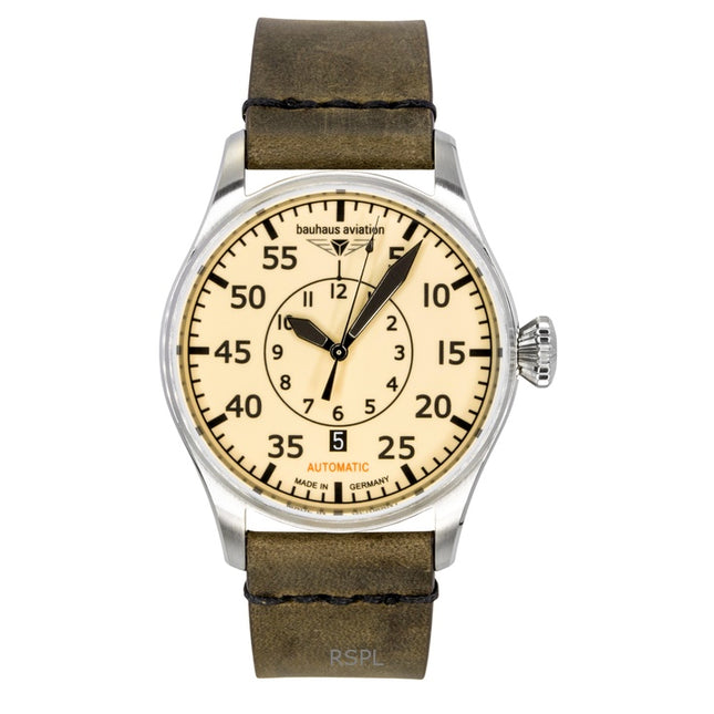 Bauhaus Aviation Leather Strap Beige Dial Automatic 27565 Men's Watch