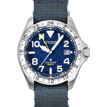 Citizen Promaster Land GMT Analog Grey Nylon Strap Navy Blue Dial Eco-Drive Diver's BJ7150-09L 200M Men's Watch