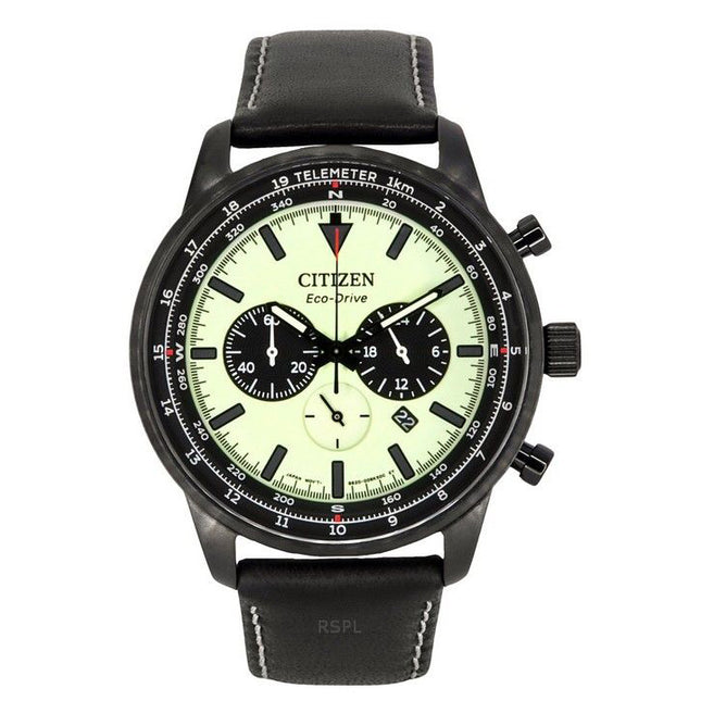 Citizen Eco-Drive Chronograph Leather Strap Full Luminous Green Dial CA4505-21X 100M Men's Watch
