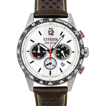 Citizen Eco-Drive Chronograph Analog Brown Leather Strap White Dial Solar CA4714-04A 100M Men's Watch