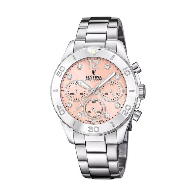 Festina Boyfriend Chronograph Crystal Accents Pink Dial Quartz F20603-7 100M Women's Watch