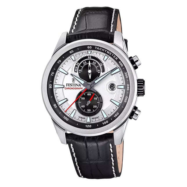 Festina Timeless Chronograph Leather Strap Silver Dial Quartz F20695-1 100M Men's Watch