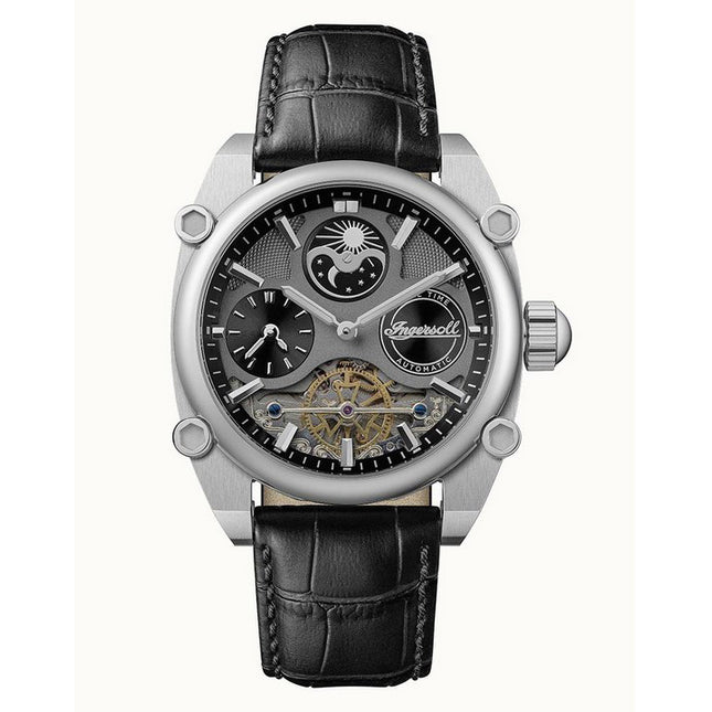 Ingersoll The Varsity Sun And Moon Phase Leather Strap Skeleton Grey Dial Automatic I15402 Men's Watch