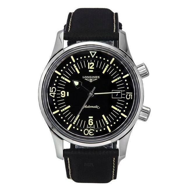 Longines Legend Diver Leather Strap Black Dial Automatic L3.774.4.50.0 300M Men's Watch