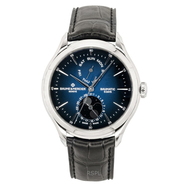 Baume & Mercier Clifton Leather Strap Moon phase Blue Dial Automatic M0A10593 Men's Watch