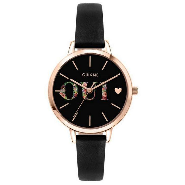 Oui & Me Fleurette Black Dial Leather Strap Quartz ME010079 Women's Watch