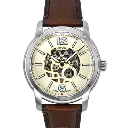 Fossil Heritage Brown Leather Strap Cream Skeleton Dial Automatic ME3264 Men's Watch
