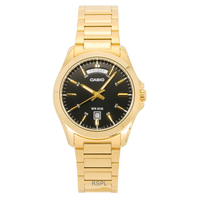 Casio Standard Analog Gold Tone Stainless Steel Black Dial Quartz MTP-1370G-1AV Men's Watch