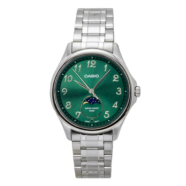 Casio Standard Analog Moon Phase Stainless Steel Green Dial Quartz MTP-M110D-3AV Men's Watch