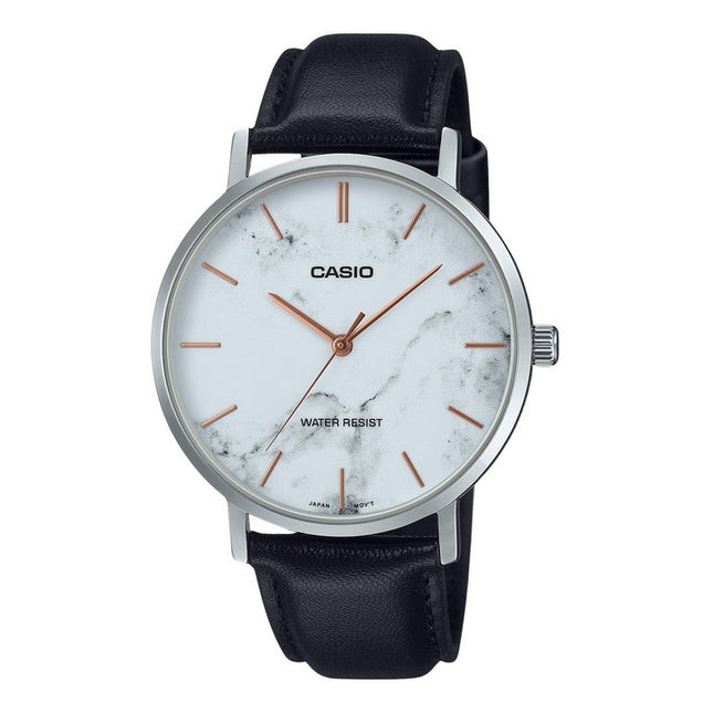 Casio Standard Analog Black Leather Strap Marble Inspired White Dial Quartz MTP-VT01LM-7A Men's Watch