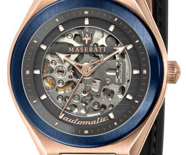 Maserati Triconic Skeleton Grey Dial Leather Strap Automatic