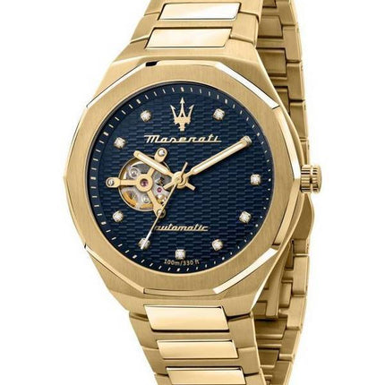Maserati Stille Diamond Accents Gold Tone Stainless Steel Open Heart Blue Dial Automatic R8823140006 100M Men's Watch