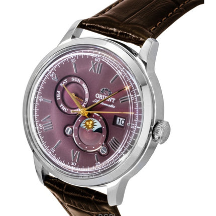 Orient Classic Sun and Moon Leather Strap Bordeaux Dial Automatic RA-AK0807R Men's Watch