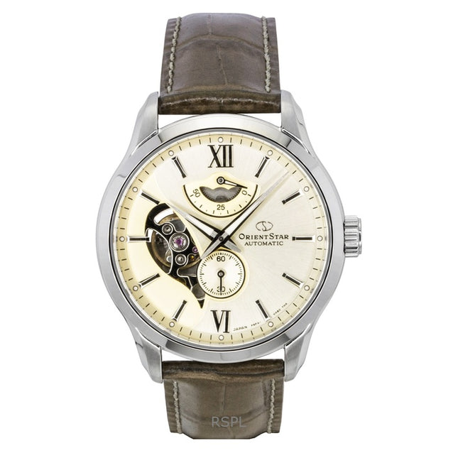 Orient Star Contemporary Leather Strap Open Heart Champagne Dial Automatic RE-AV0B10G 100M Men's Watch
