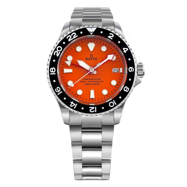 Ratio FreeDiver GMT Series Sapphire Stainless Steel Orange Dial Automatic RTF055 200M Men's Watch