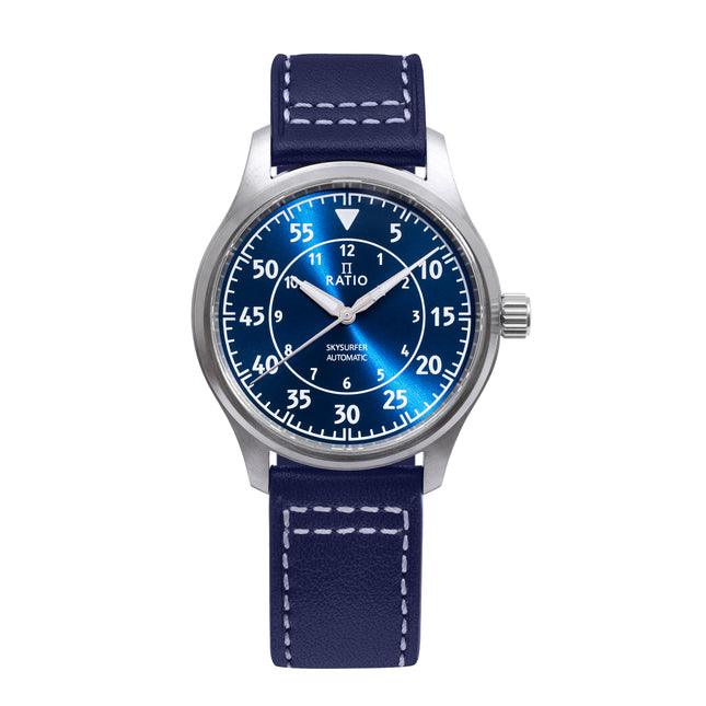Ratio Skysurfer Pilot Blue Sunray Dial Leather Automatic RTS318 200M Mens Watch