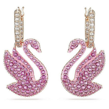 Swarovski Swan Pink Crystals And Rose Gold Tone Plated Drop Earrings 5647544 For Women
