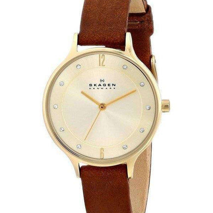 Skagen Anita Gold Dial Brown Leather Crystallized SKW2147 Women's Watch