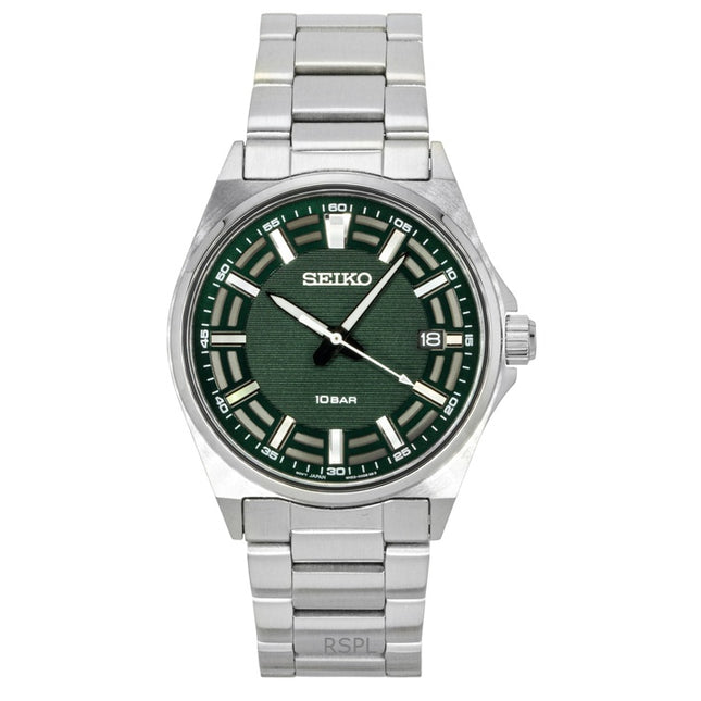Seiko Essentials Stainless Steel Green Dial Quartz SUR503P1 100M Men's Watch