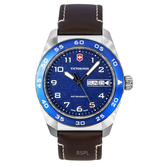 Victorinox Swiss Army Leather Strap Blue Dial Quartz 242040 100M Men's Watch