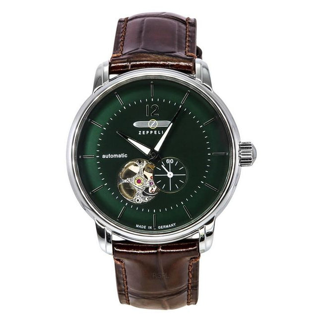 Zeppelin LZ 120 Bodensee Leather Strap Open Heart Green Dial Automatic 81664 Men's Watch