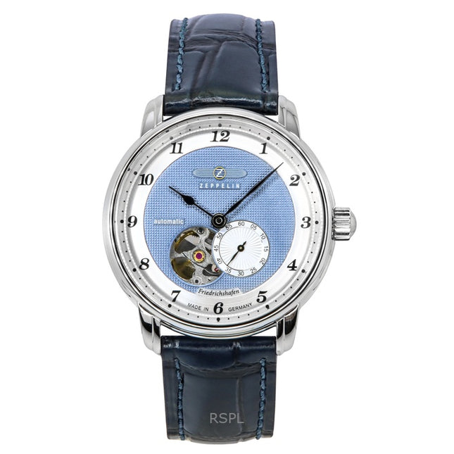 Zeppelin Friedrichshafen Leather Strap Blue Open Heart Dial Automatic 85663 Men's Watch