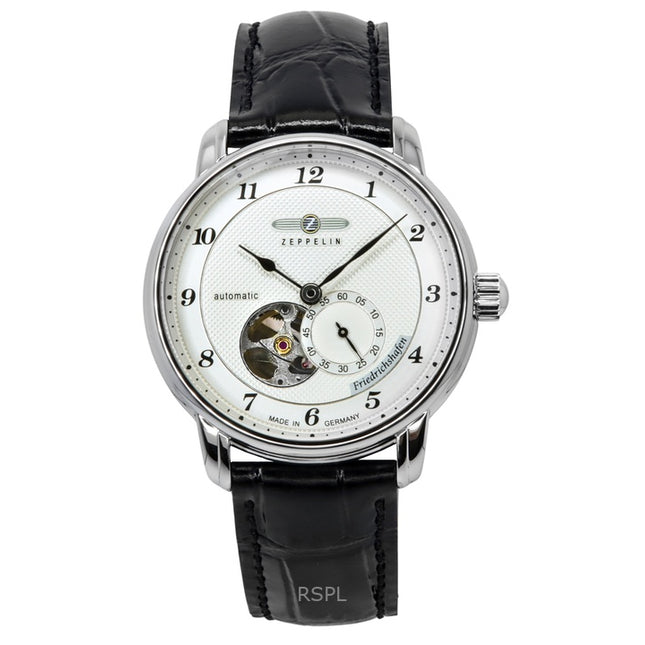 Zeppelin Friedrichshafen Leather Strap Silver Open Heart Dial Automatic 85664 Men's Watch
