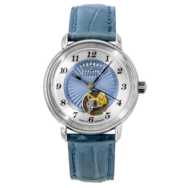 Zeppelin Friedrichshafen Leather Strap Open Heart Blue Dial Automatic 85673 Women's Watch