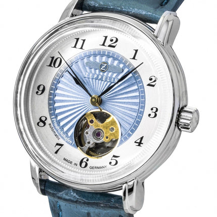 Zeppelin Friedrichshafen Leather Strap Open Heart Blue Dial Automatic 85673 Women's Watch