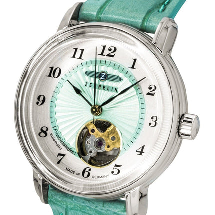 Zeppelin Friedrichshafen Leather Strap Open Heart Turquoise Dial Automatic 85694 Women's Watch