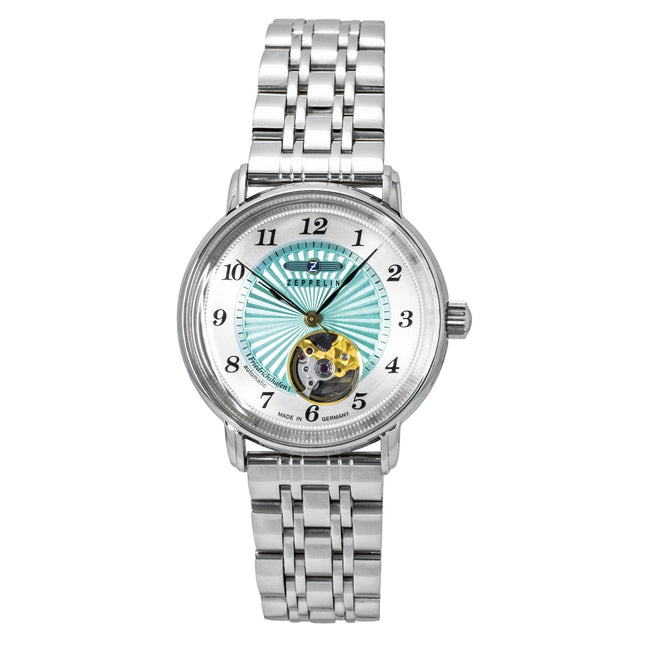 Zeppelin Friedrichshafen Stainless Steel Open Heart Turquoise Dial Automatic 8569M4 Women's Watch