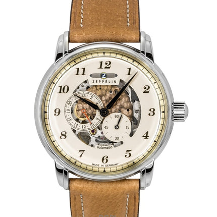 Zeppelin Captain's Line Leather Strap Beige Skeleton Dial Automatic 86585 Men's Watch