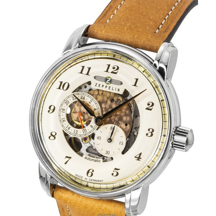 Zeppelin Captain's Line Leather Strap Beige Skeleton Dial Automatic 86585 Men's Watch