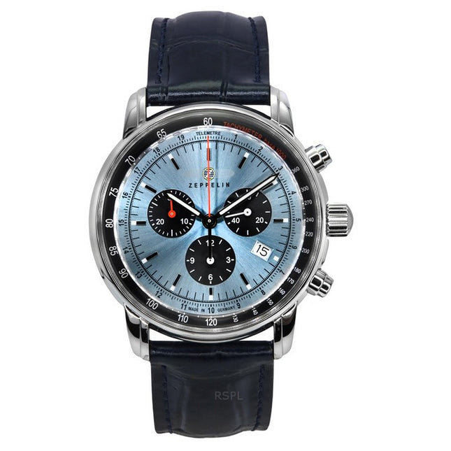 Zeppelin LZ 14 Marine Chronograph Leather Strap Ice Blue Dial Quartz 88862 Men's Watch