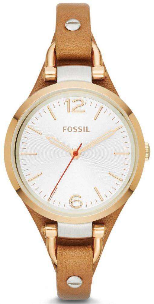 Fossil Georgia White Dial Rose Gold Tone Brown Leather Strap ES3565 Womens Watch
